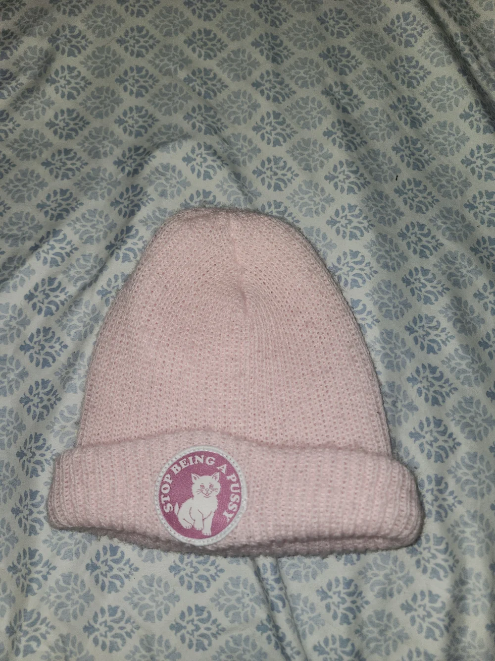 Pink Knit Beanie Hat with Cat Patch